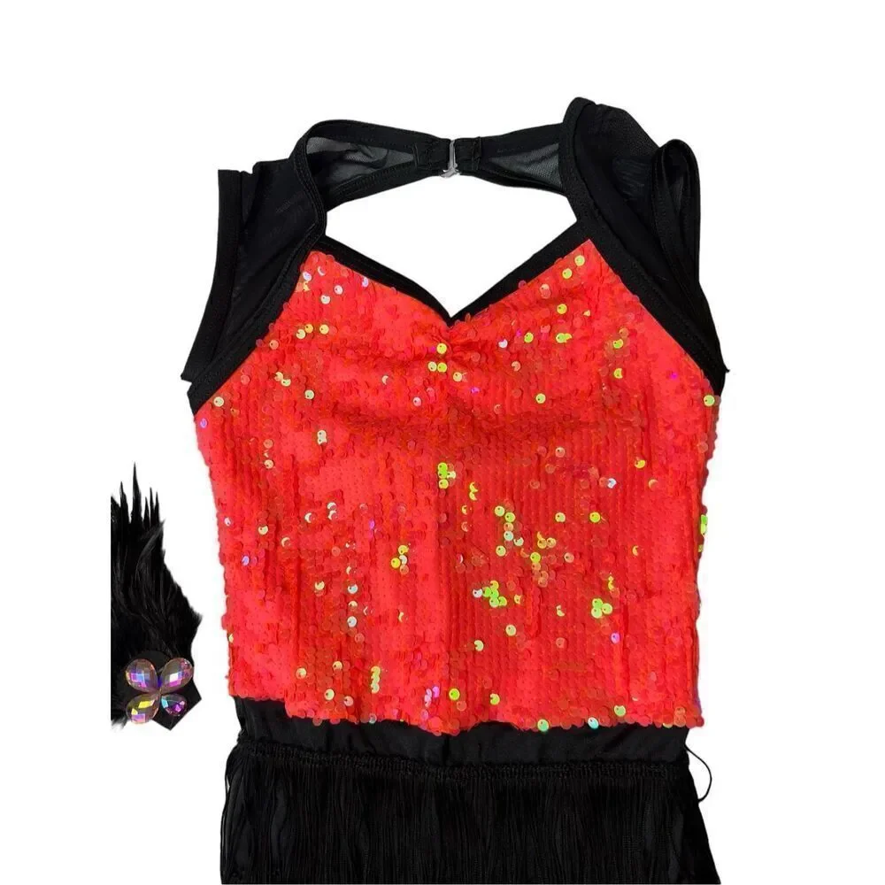 Weissman Costumes Dance Coral Orange Sequin Fringe Flapper Replay 12269 LC